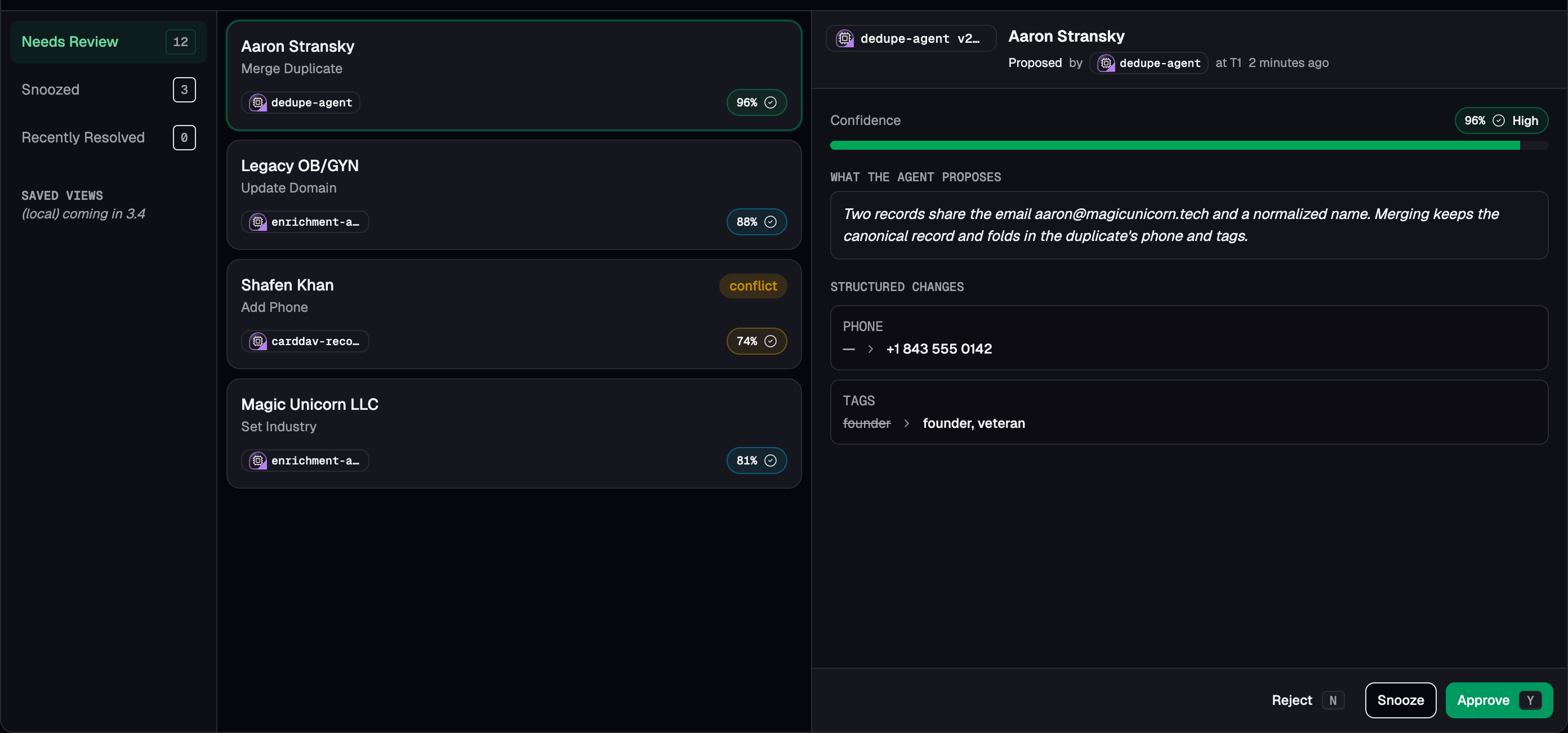 Contact-Ops review queue: agent proposals with confidence and structured diffs